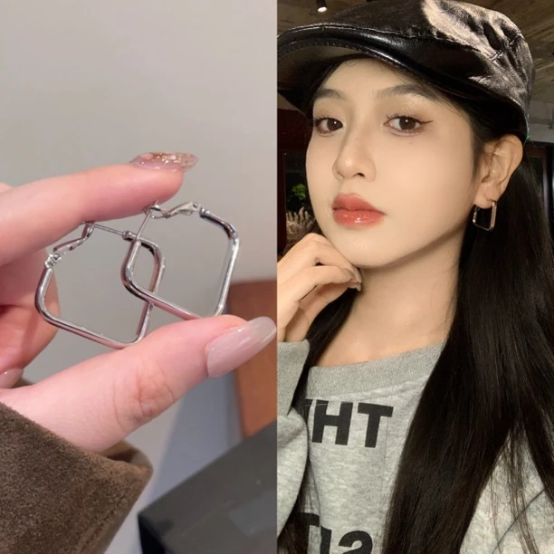 欧美夸张几何形素圈个性气质百搭银色耳环 D-75