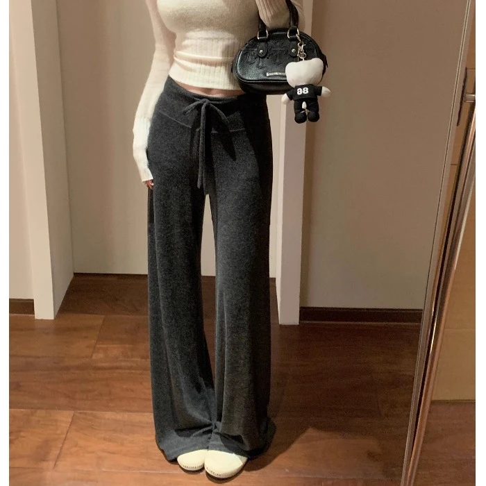 韩版宽腰头系绳休闲针织长裤秋季显瘦百搭软软裤女垂感宽松长裤