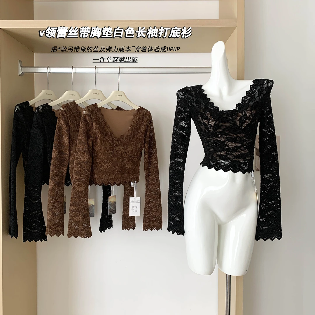 v领蕾丝带胸垫白色长袖打底衫女性感短款修身花边上衣