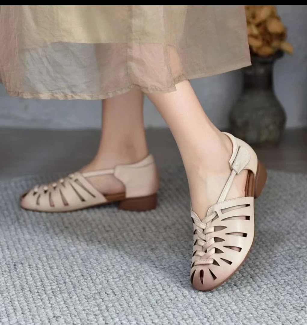 郡主家9216头层牛皮罗马包头凉鞋女夏新款编织鞋镂空低跟女鞋潮