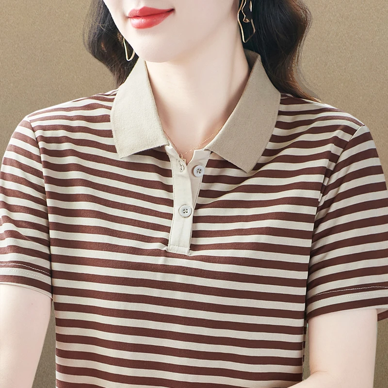 翻领条纹短袖t恤女夏季百搭新款韩版时尚宽松气质上衣POLO衫女v领
