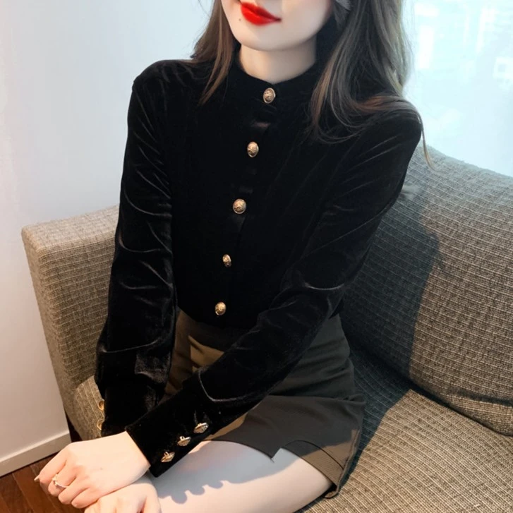 TY款秋装法式气质长袖衬衫女士高级感小众立领复古黑色上衣