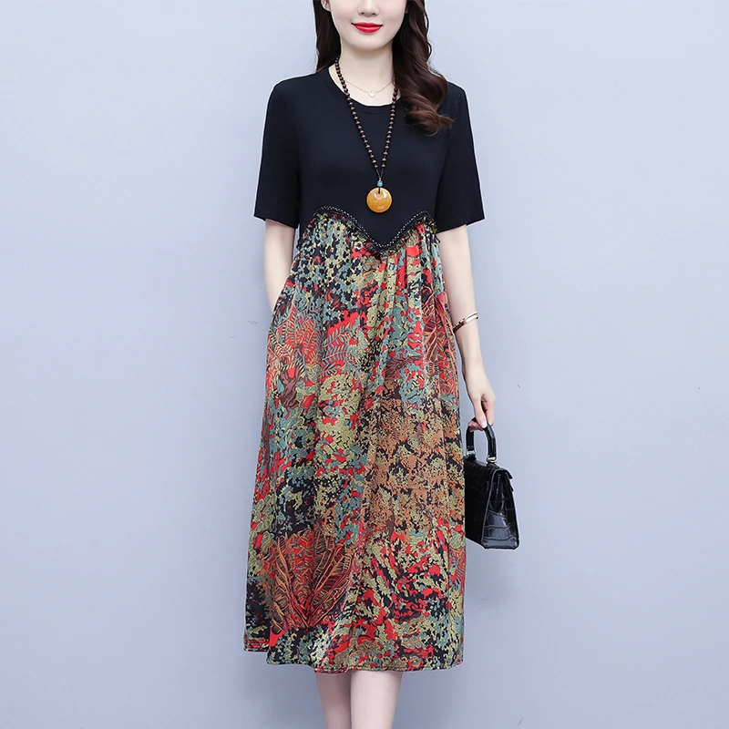 时尚印花拼接大码宽松裙子女2025夏装新款中年妈妈洋气休闲连衣裙