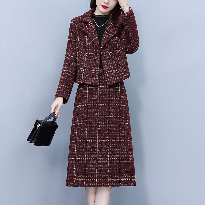 2024秋冬季新款时尚大码小香风毛呢外套+拼接连衣裙两件套套装女