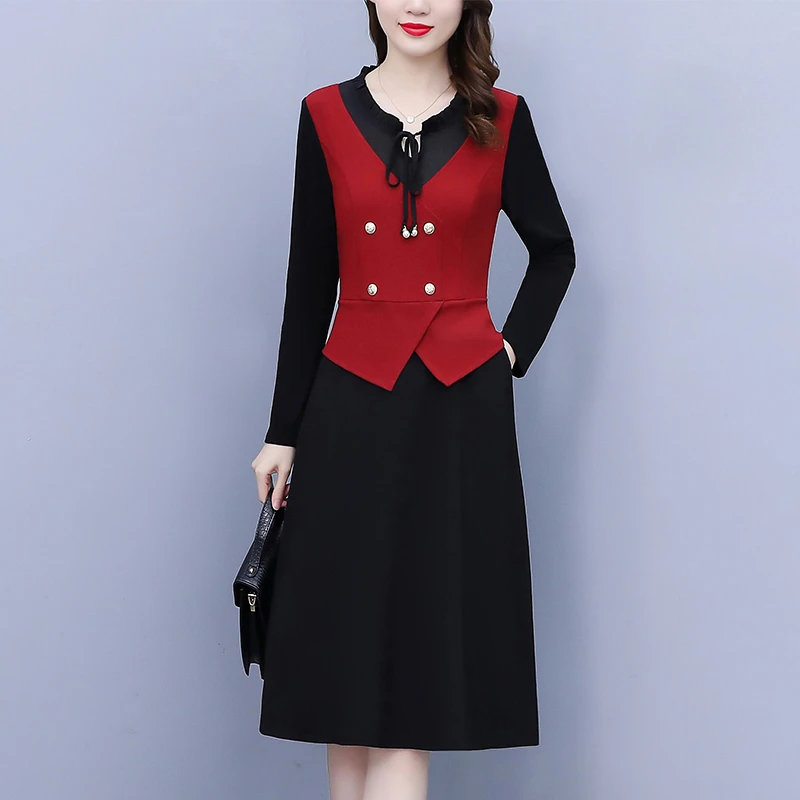 连衣裙妈妈款40-60岁2025春秋新款拼接假两件显瘦遮肚子微胖裙子