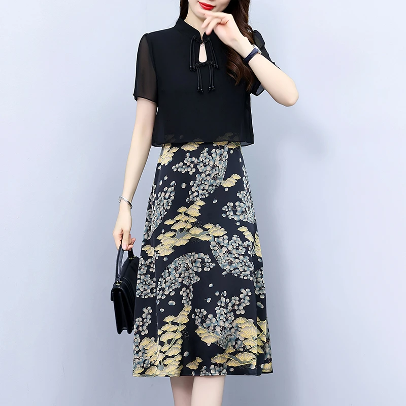 国风女装2024夏季新款缎面印花减龄遮肉显瘦时尚假两件妈妈连衣裙