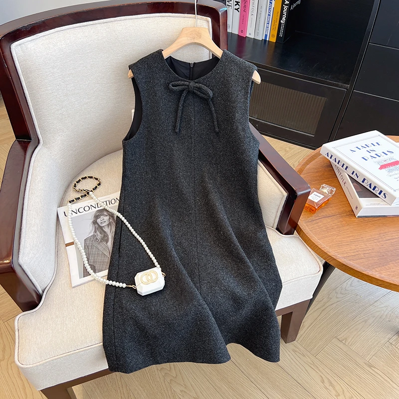 2024秋冬新款miu系蝴蝶结毛呢无袖连衣裙女呢子背心裙韩百搭大码