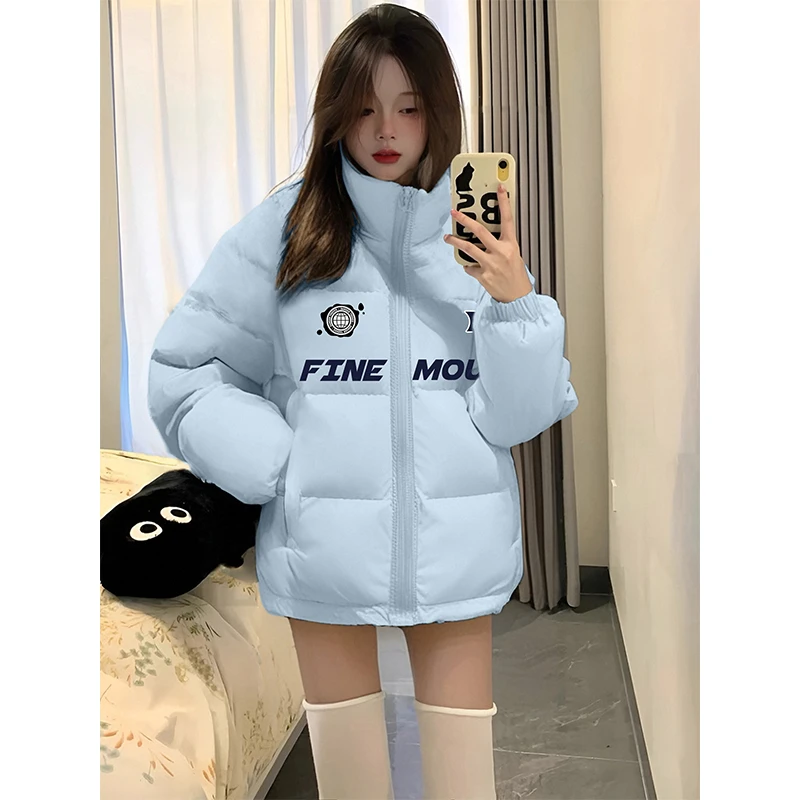 美式立领奶蓝色羽绒服女冬季棉衣oversize加厚百搭学院风保暖棉服