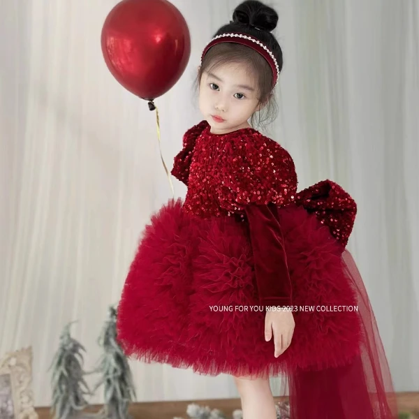 女童红色连衣裙秋冬新年拜年演出服花童生日礼服儿童亮片公主裙子