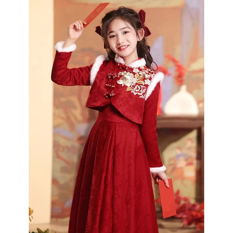 中国风拜年服女童新年礼服红色新中式过年公主裙秋冬季儿童主持人