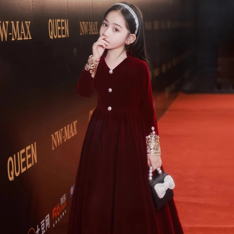 公主裙女童礼服高端主持人儿童红色花童婚礼小女孩钢琴演出服春秋