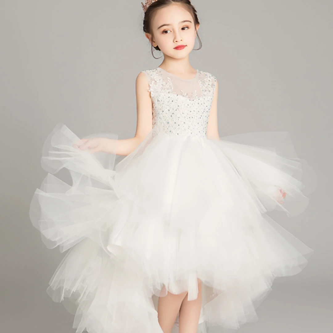 公主裙女童高端2025新款儿童白色晚礼服洋气主持人钢琴演奏演出服