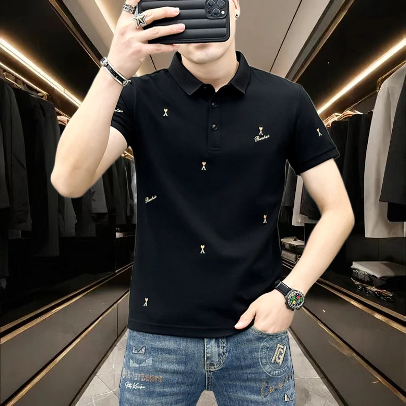 高端黑色翻领POLO衫男短袖T恤上衣高档夏季爆款2024新款刺绣修身