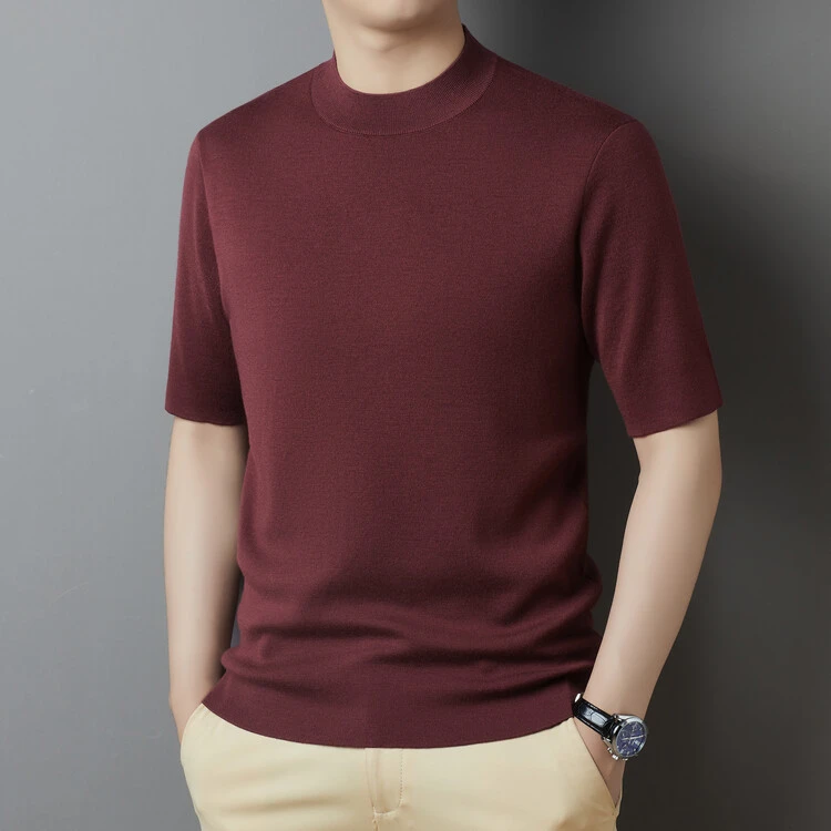 冬季加厚【100%精纺羊毛】可机洗男士圆领半袖五分袖纯色针织百搭