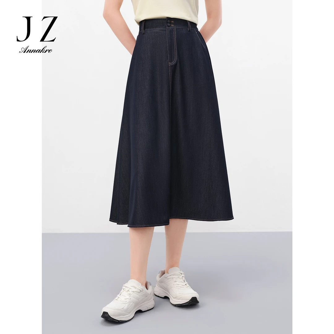 玖姿安娜蔻JTEX20005轻复古休闲简约明线百搭牛仔半身腰裙女24夏