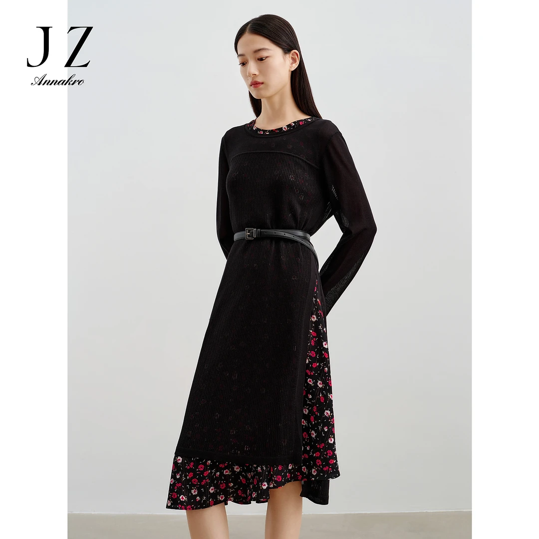 玖姿JTEC31504雅致简约印花两件套开叉H型毛衫连衣裙女春