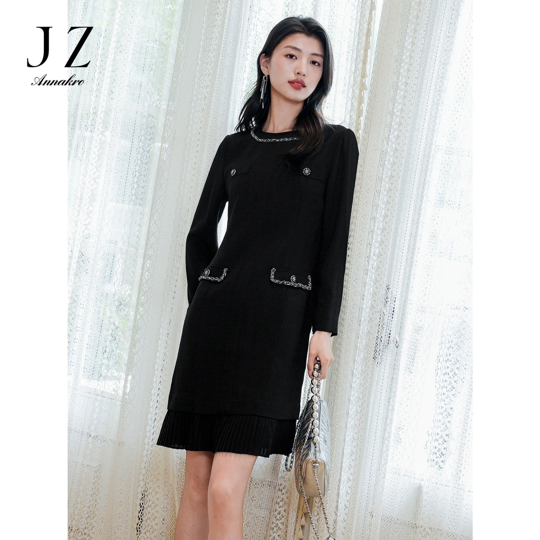 玖姿安娜蔻JTEQ50019优雅设计感链条小香风压褶拼接连衣裙2024新