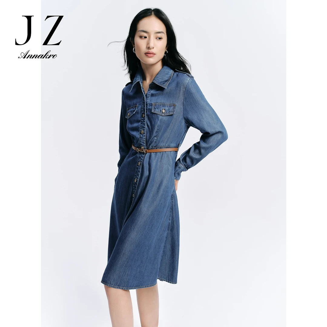 玖姿JTDQ50012安娜蔻休闲收腰天丝牛仔长款连衣裙女春新款