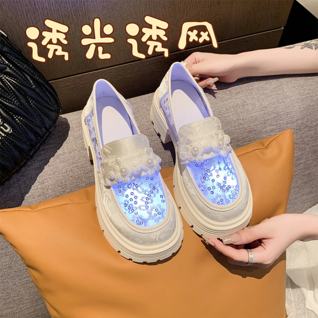 厚底乐福鞋女2024新款夏季薄款网面鞋透气网纱小皮鞋高跟亮片时尚