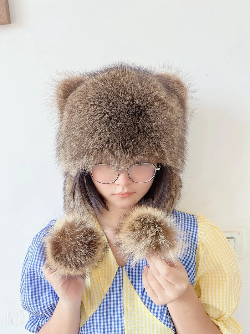 网红小浣熊护耳猫耳帽男女同款新款儿童亲子情侣美洲貉子帽可调节