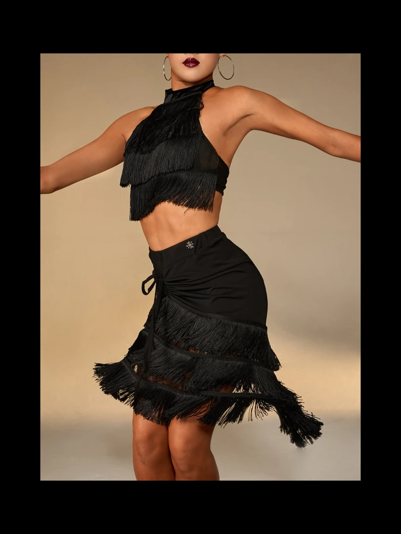 JUD【姿色】拉丁舞练功裙抽绳大摆裙动感表演高级流苏半裙003黑色