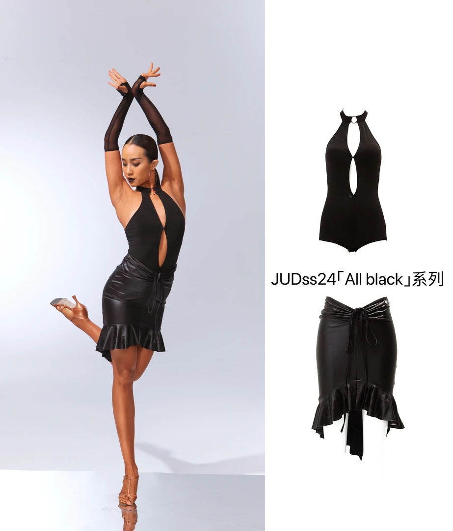 JUD【All black】拉丁练功服女抽绳鱼尾包臀裙显瘦亮皮半裙004
