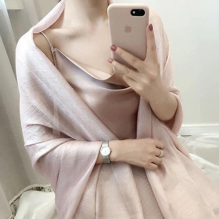 纯色丝巾女春秋季亚麻围巾礼服旗袍披肩外搭夏季防晒薄款米色纱巾