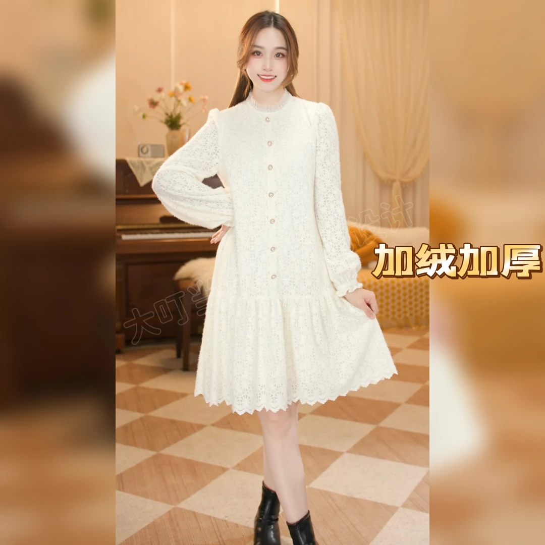 <绒花>春款蕾丝中长款小个子连衣裙时尚百搭宽松气质