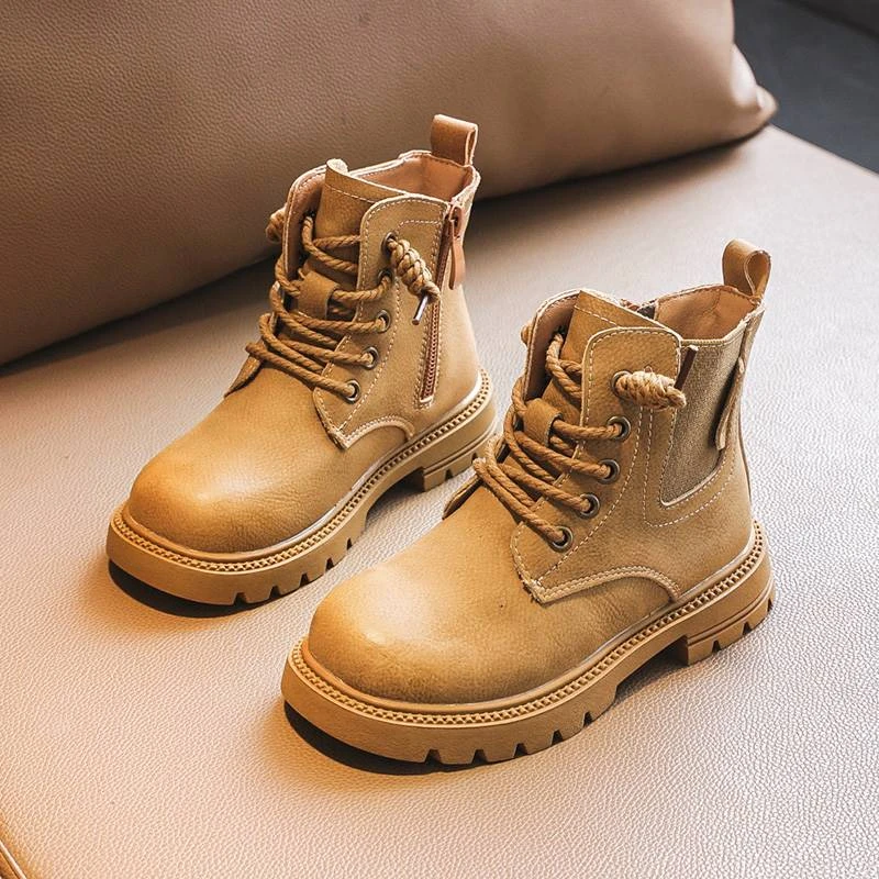 巴拉怪兽男童马丁靴加绒2023秋冬季新款儿童真皮软底中大二棉学生