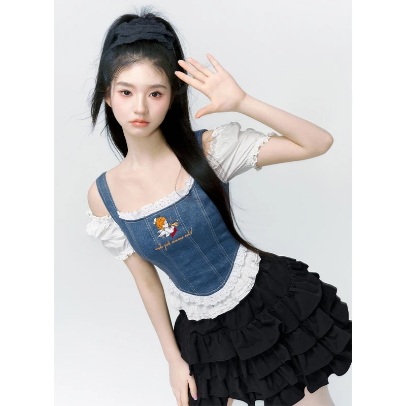 WooHa/吾哈2023夏季新款上衣复古方领甜美牛仔拼接U领马甲背心女