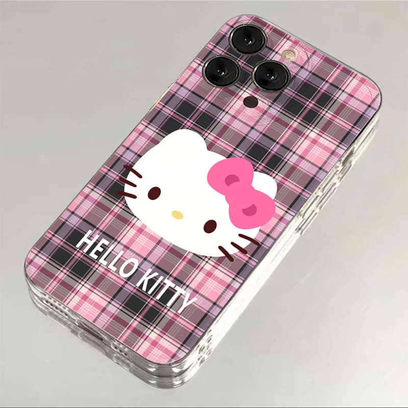 粉色格纹凯蒂iphone15/13/14苹果手机壳华为vivo小米oppo透明软套