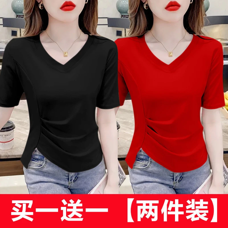 单/两件夏季新款修身遮肉短袖t恤女微胖mm显瘦不规则褶皱V领上衣