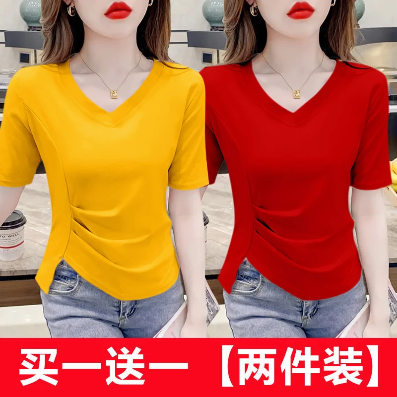 单/两件夏季纯色修身遮肉短袖t恤女微胖mm新款不规则褶皱V领上衣