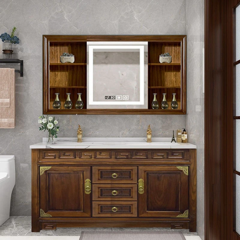 进口实木浴室柜智能镜柜美式洗手台进口红橡木开放漆台下盆洗漱台