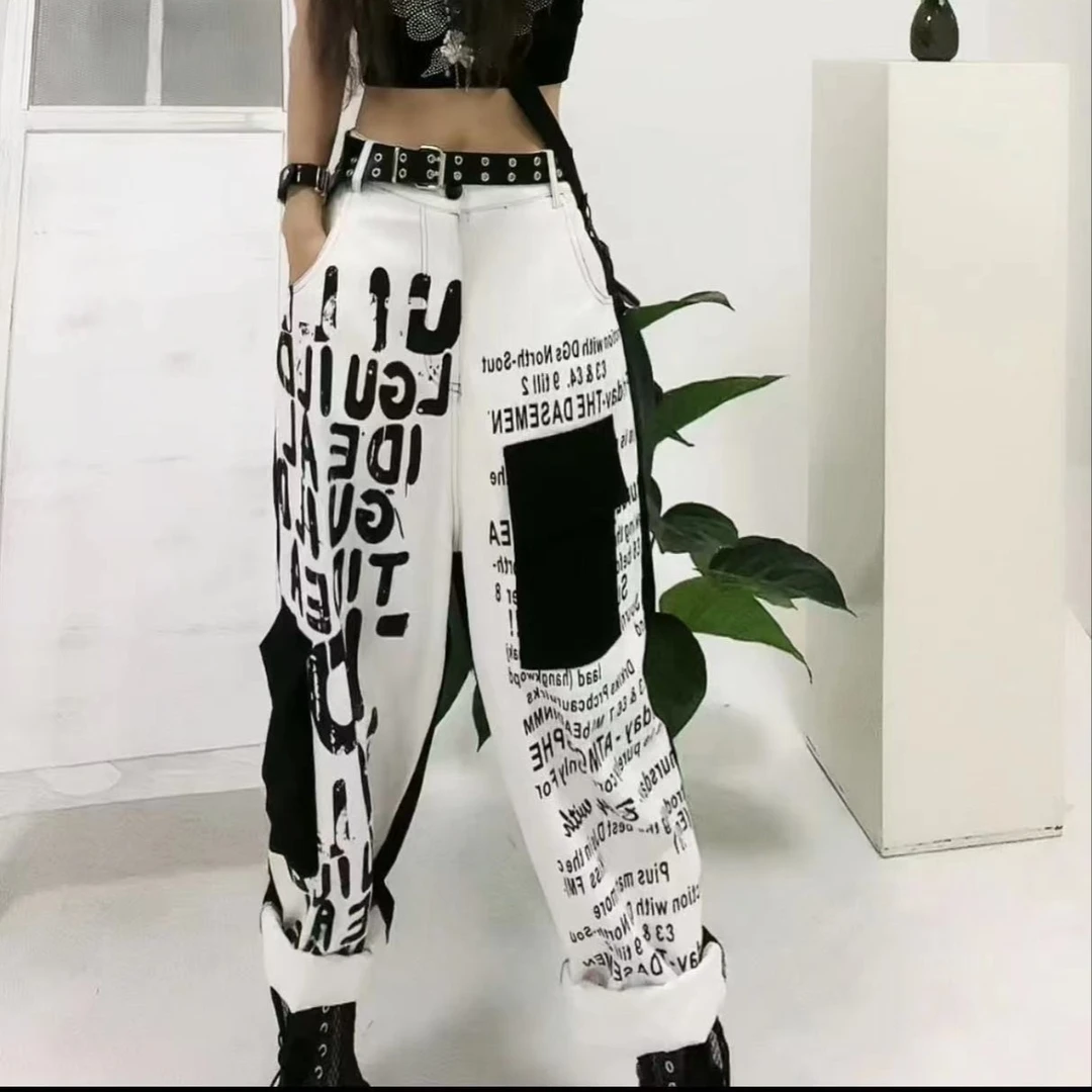 欧货时尚潮牌女装设计高级感拼色牛仔裤宽松显瘦百搭字母休闲裤子