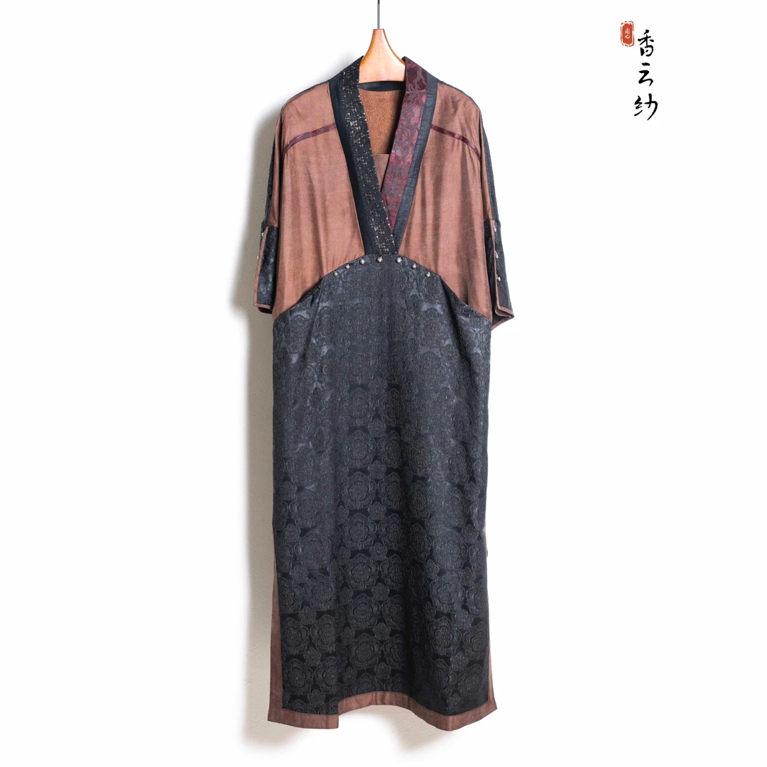 【走心非遗】香云纱连衣裙22ZSY373时尚拼色夏季桑蚕丝高档裙子通勤