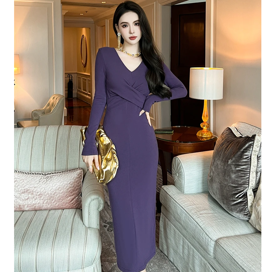 秋季新款法式V领纯色收腰显瘦气质修身百搭包臀连衣裙长袖20638