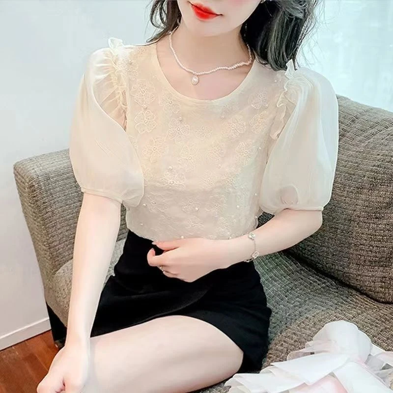 女夏季2023年新款泡泡袖上衣气质时尚洋气小衫蕾丝上衣短袖
