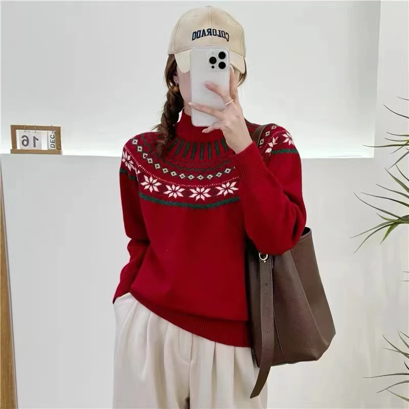 冬季半高领长袖针织衫毛衣提花时尚打底百搭套头宽松muxu-A13