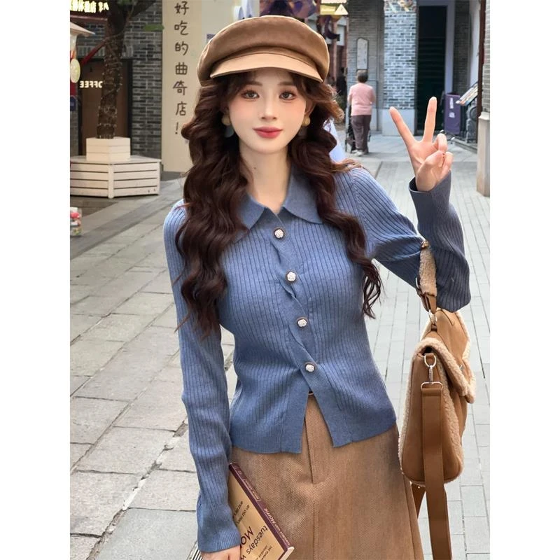 复古设计感翻领长袖针织衫女秋冬别致修身洋气内搭毛衣打底衫上衣