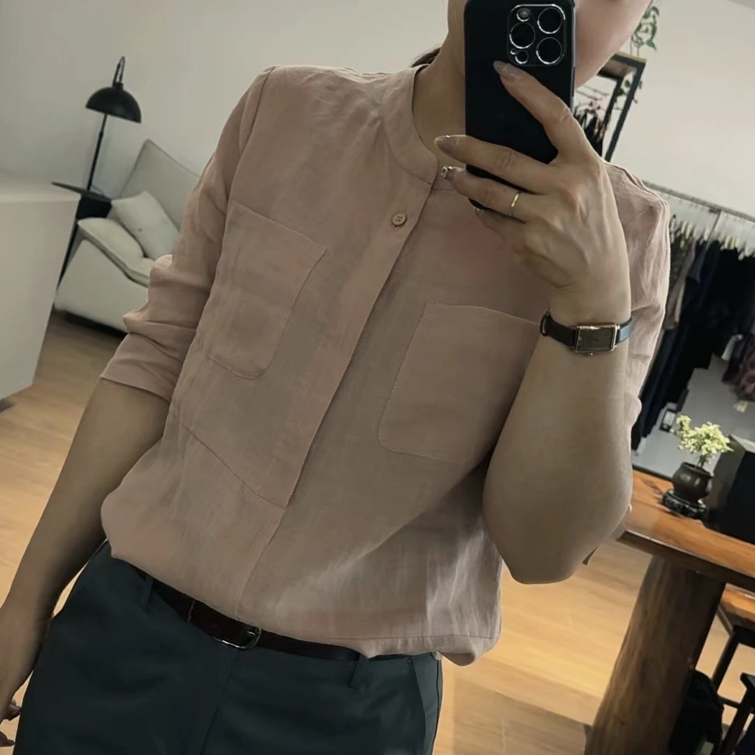 米姗夏季时尚简约口袋款麻料上衣