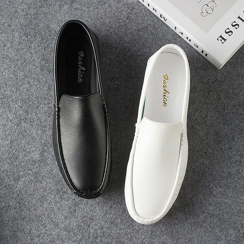 男士新款豆豆鞋黑白纯色光面乐福鞋一脚蹬韩版懒人鞋透气软面男鞋