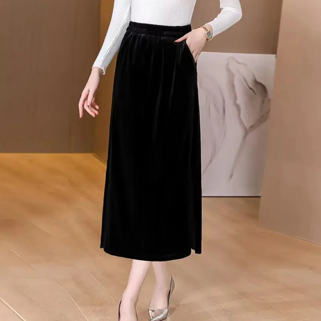 2025秋冬新款宽松大码金丝绒半身裙松紧腰开叉气质显瘦百搭裙