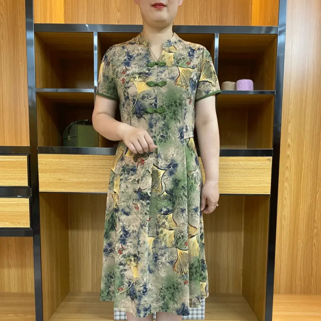 2025夏季新款显瘦洋气国风优雅复古裙气质妈妈装印花中长款连衣裙