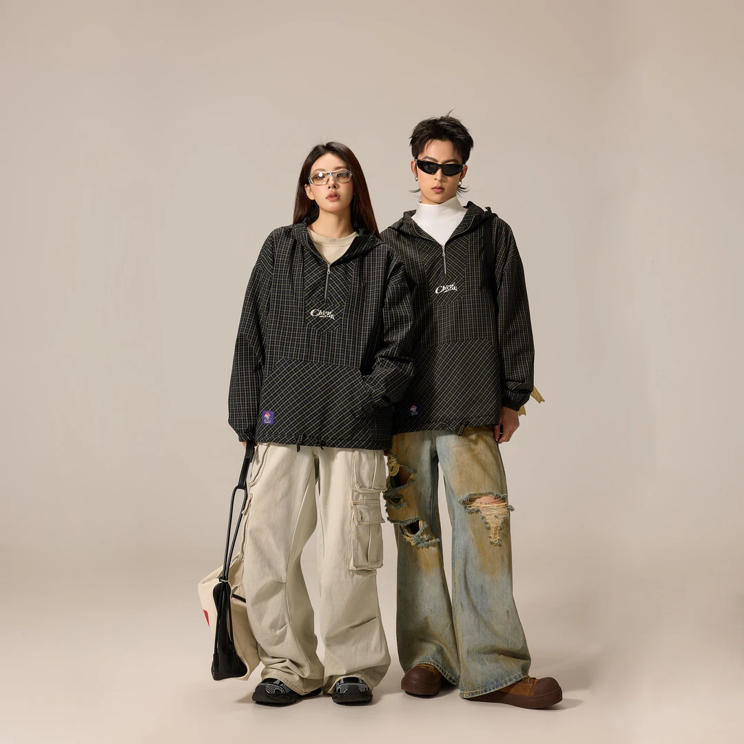 CHL求点复古机能格纹运动刺绣连帽半拉链头套男女款秋款卫衣宽松