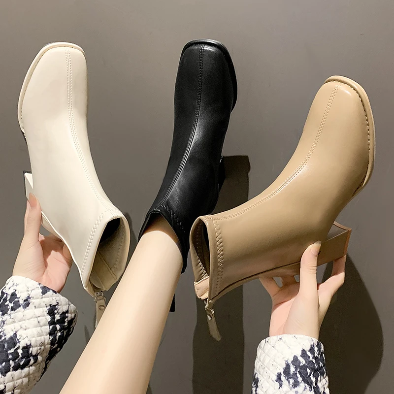 网红高跟靴女2024年秋冬新款时尚百搭粗跟法式中跟瘦瘦靴短筒靴女