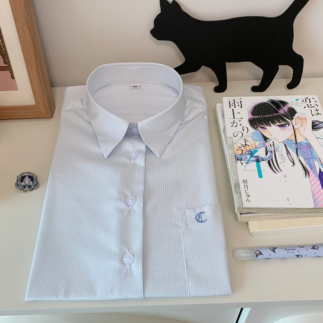 小禾浅格子衬衫女jk原创制服短袖春夏学生格子水蓝色衬衣