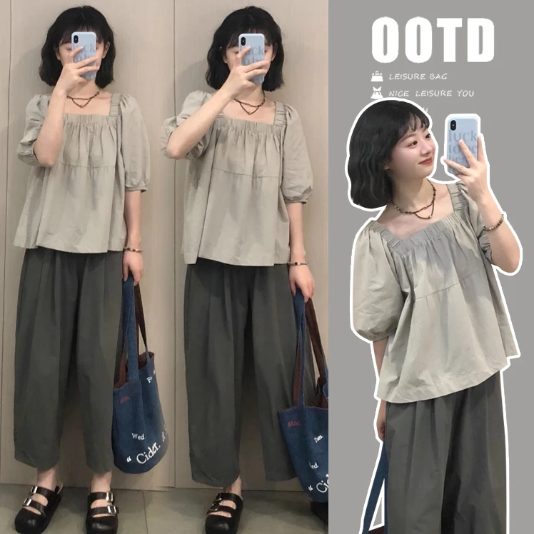 【恬恬】孕妈夏季正肩短袖设计泡泡袖方领上衣＋直筒裤套装#7719