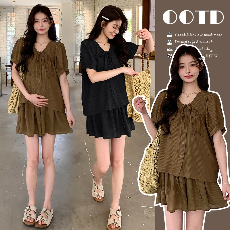 【恬恬】孕妇夏装套装韩版宽松简约外出凉快上衣+抽绳短裤#2010