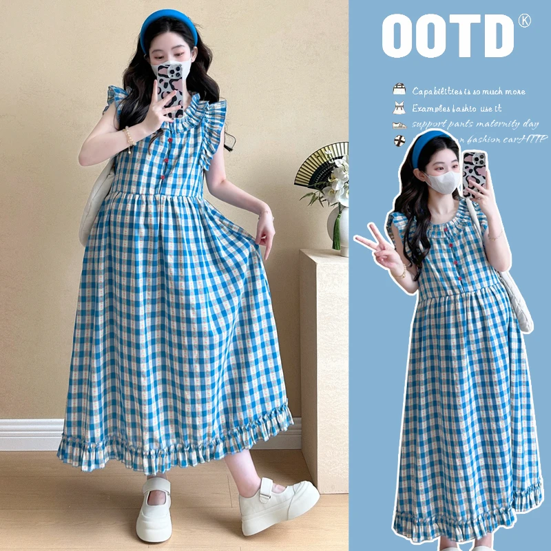 【恬恬】孕妇装2024新款格子韩版甜美飞飞袖棉质连衣裙圆领#1095